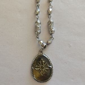 Ornate Silver Toned Iridescent Stone Reversible Pendant Necklace